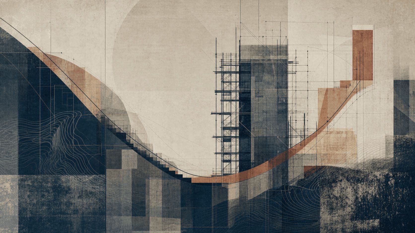 Ilustração editorial abstrata de uma linha descendente travada e redirecionada para cima através de planos geométricos ordenados.