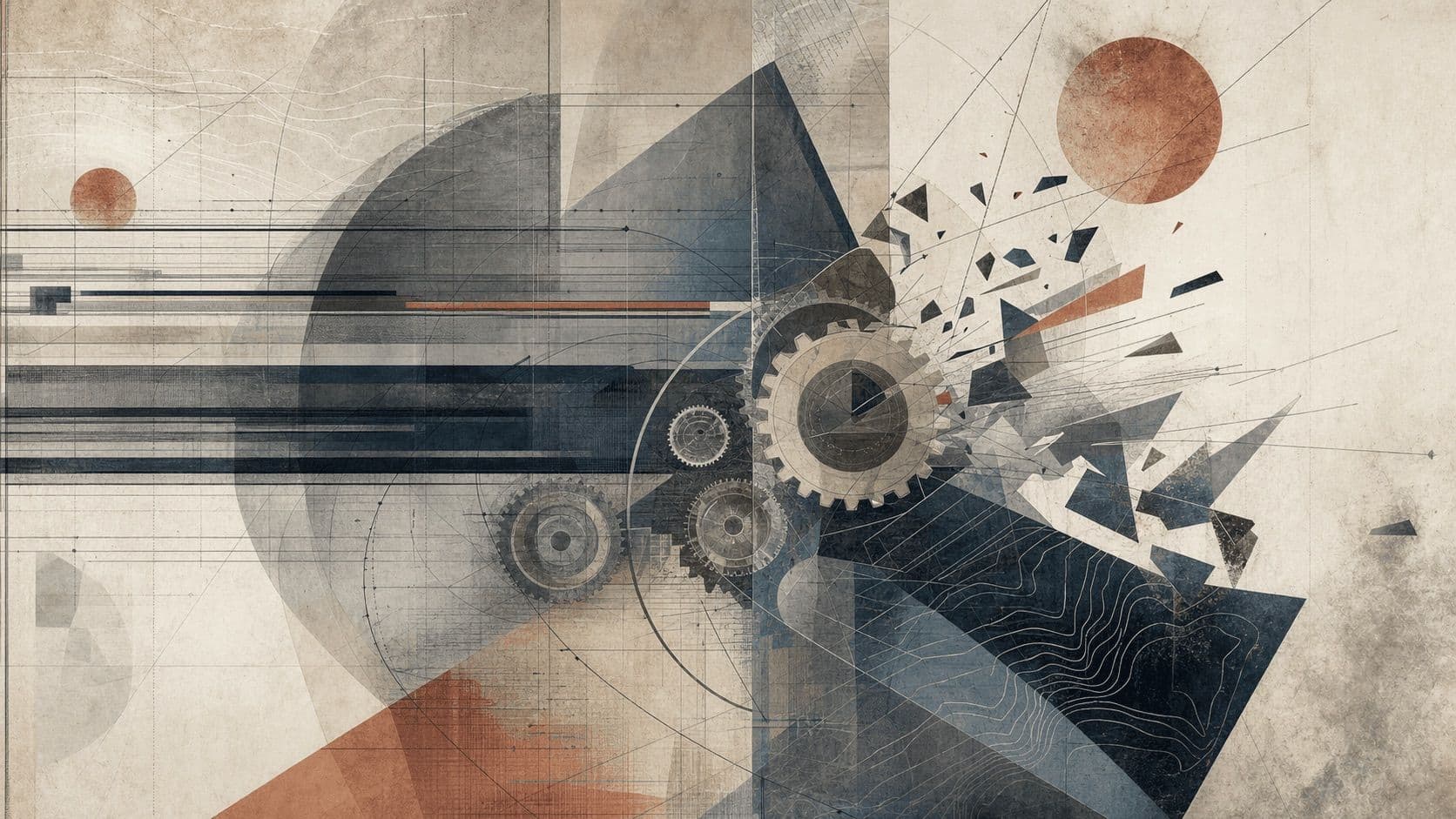 Ilustração editorial abstrata de engrenagens encaixadas a fragmentar-se em formas geométricas.