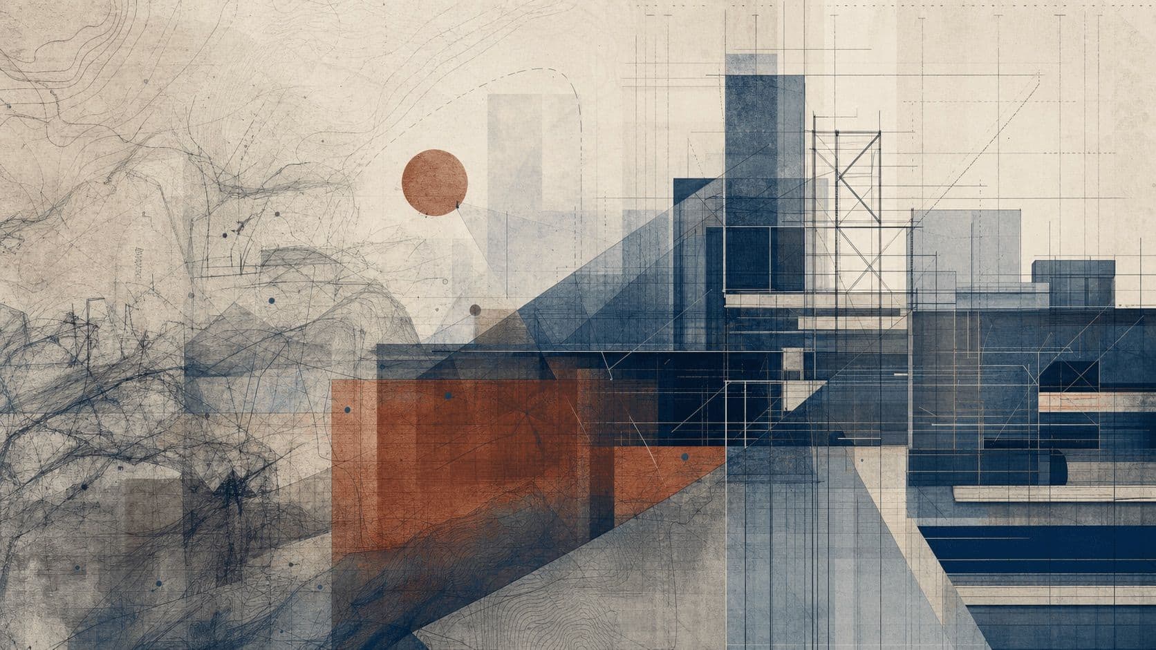 Ilustração editorial abstrata de planos sobrepostos e um arco ascendente, sugerindo um ritmo que se repete.