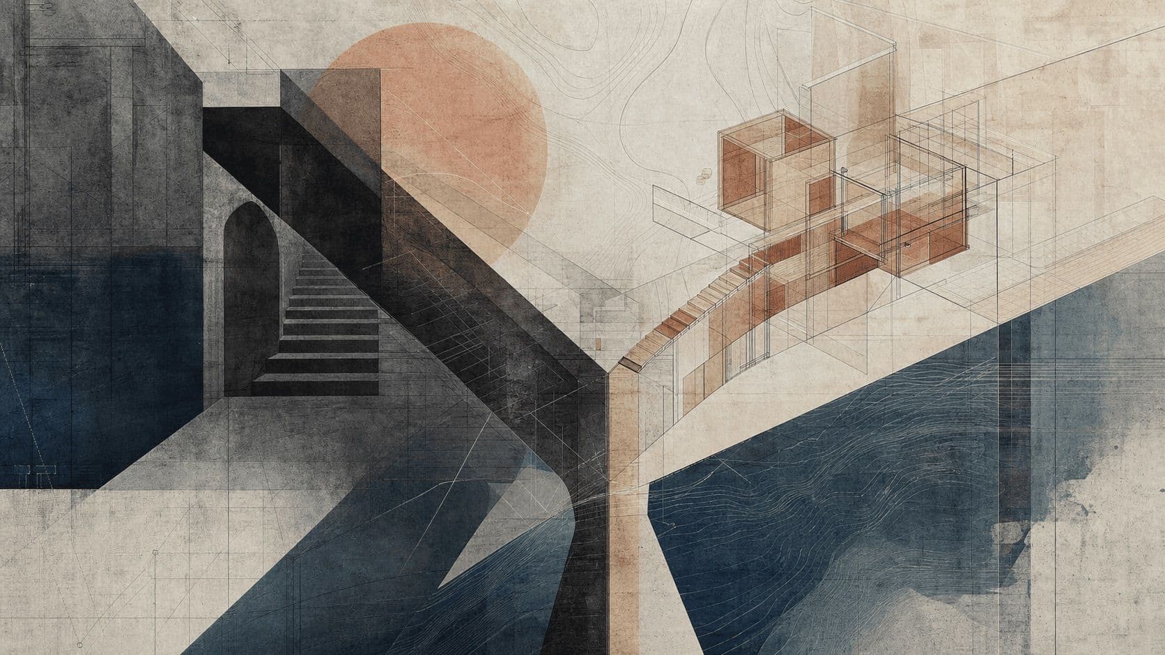 Ilustração editorial abstrata de dois caminhos divergentes contrapostos um ao outro.